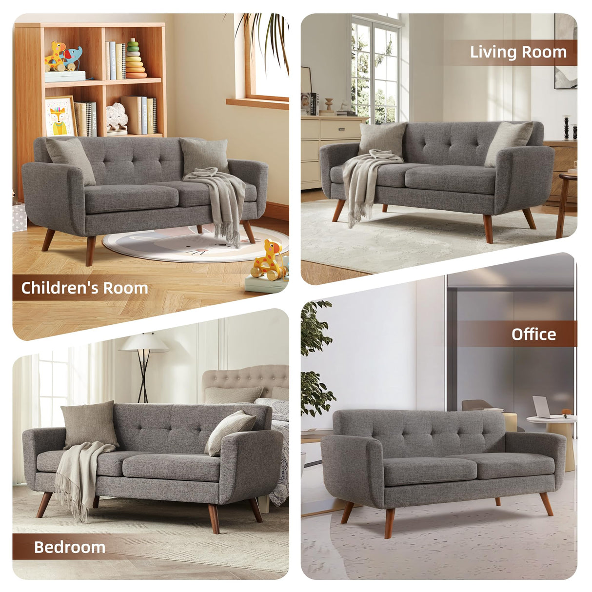Tbfit 65" W Loveseat Sofa, Mid Century Modern Love Seat Couches for Living Room, Button Tufted Upholstered Small Couch for Bedroom, Solid and Easy to Install Love Seats Furniture, Grey Tbfit
