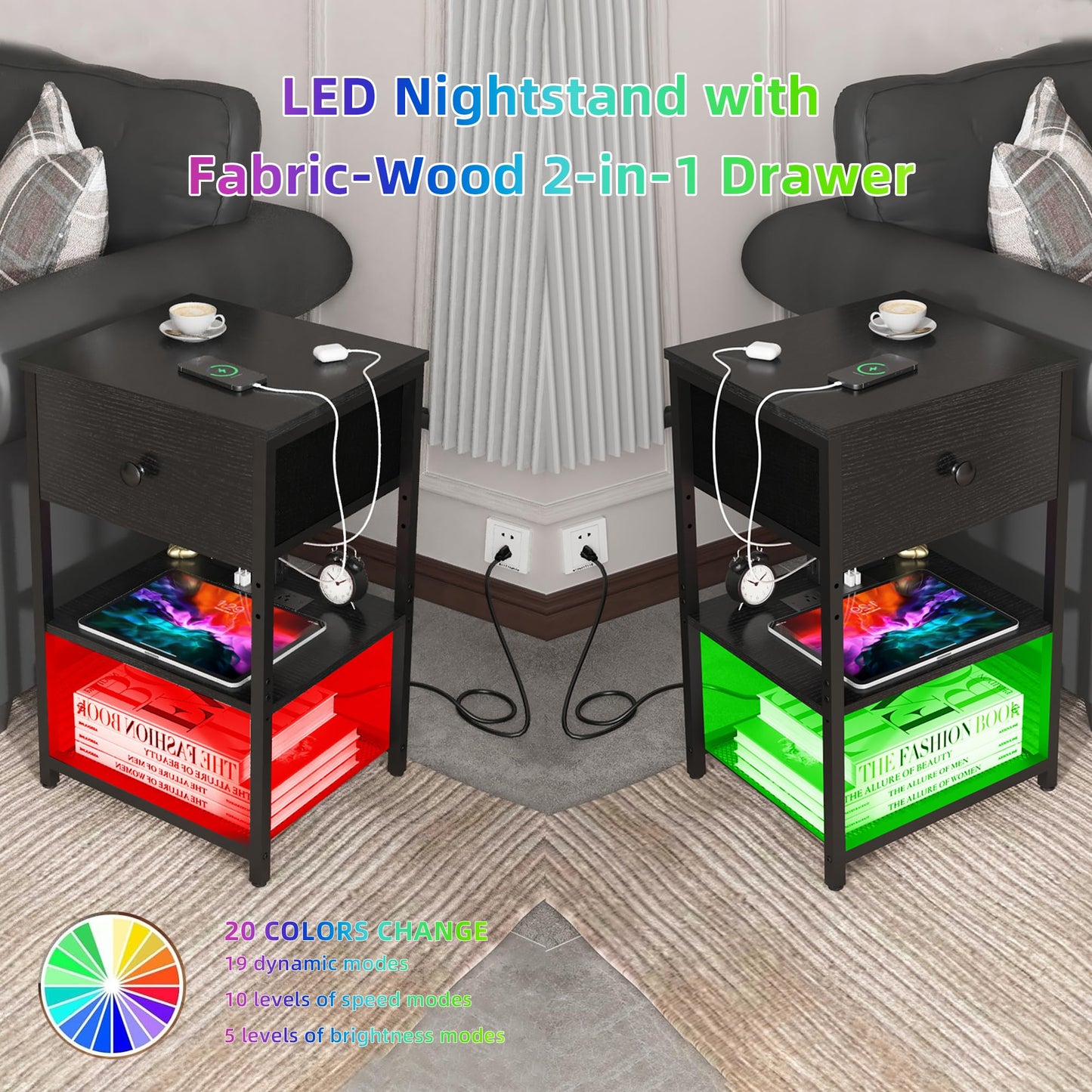 LTTDOUK LED Nightstands Set of 2 with Charging Station, Bedside Tables with USB Ports and Outlets, End Table with Fabric-Wood 2-in-1 Drawer, Black Side Table for Bedroom, Living Room - WoodArtSupply