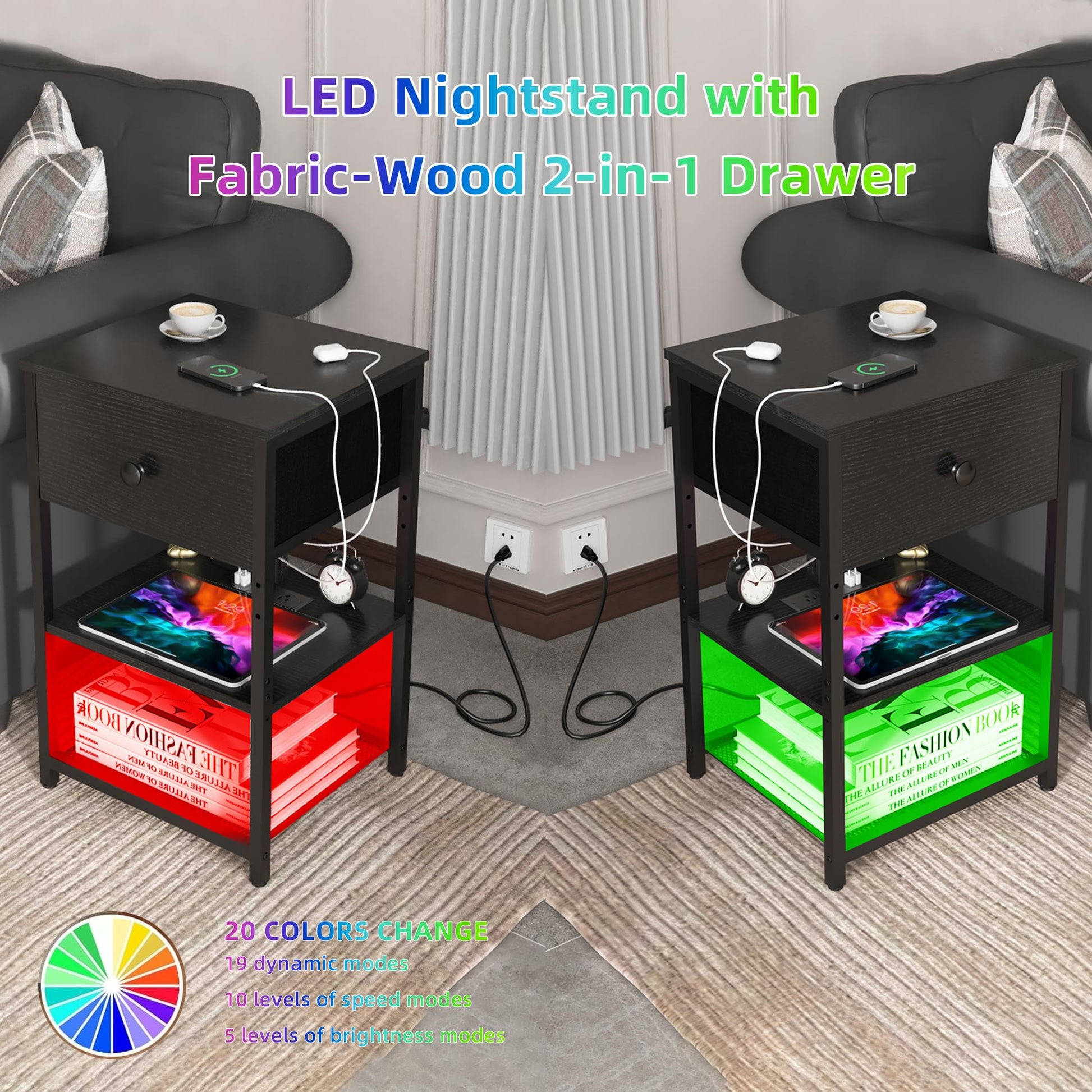 LTTDOUK LED Nightstands Set of 2 with Charging Station, Bedside Tables with USB Ports and Outlets, End Table with Fabric-Wood 2-in-1 Drawer, Black Side Table for Bedroom, Living Room - WoodArtSupply