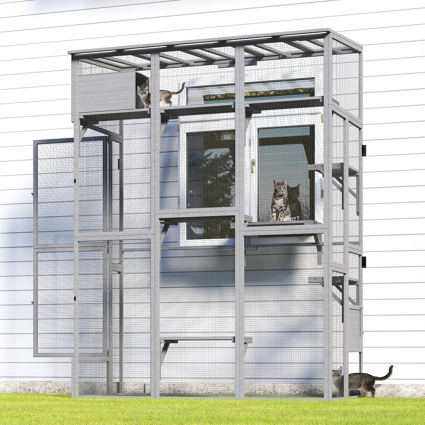 TIMHAKA Cat Catio Playground, Window Cat Catio for Multiple Indoor Cats, Large Cat Window Perch with Platforms, Sleeping Box and Bridges, Outdoor Cat House with Waterproof Roof, 74.8" x 33.5" - WoodArtSupply