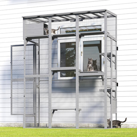 TIMHAKA Cat Catio Playground, Window Cat Catio for Multiple Indoor Cats, Large Cat Window Perch with Platforms, Sleeping Box and Bridges, Outdoor Cat House with Waterproof Roof, 74.8" x 33.5" x 100" TIMHAKA