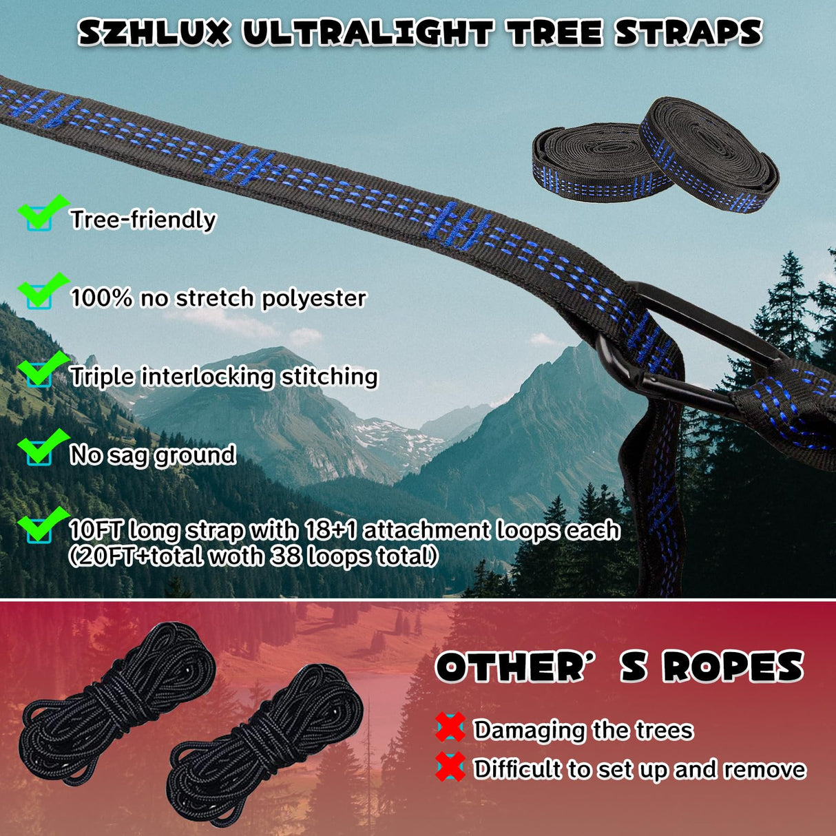SZHLUX Hammock Straps for Trees - Set of Two 10ft Long, with 38 Loops & 2 Carabiners| Essential Hammock Accessories SZHLUX
