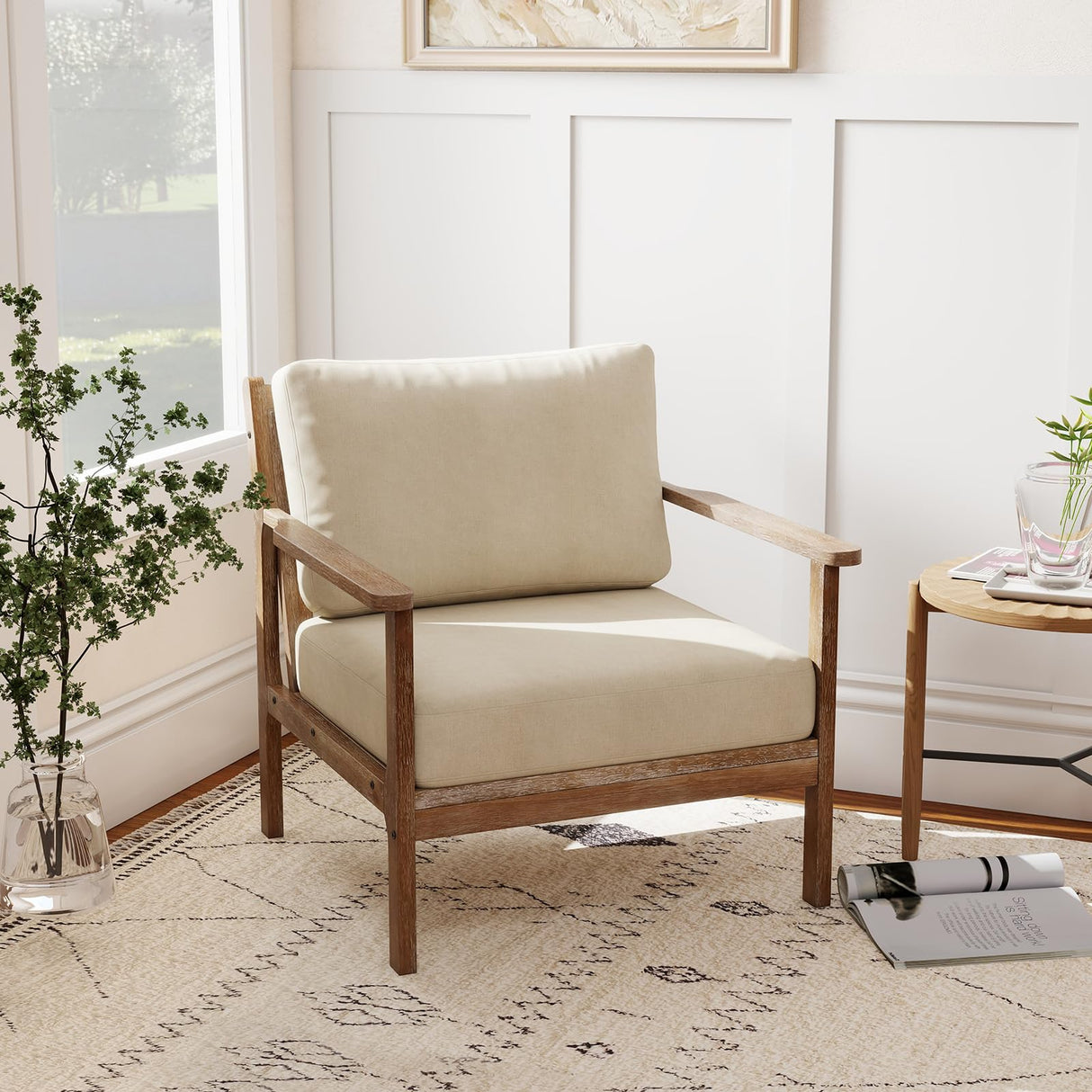 GOFLAME Mid-Century Modern Accent Chair, Upholstered Armchair with Solid Wood Frame, Linen Fabric Comfy Reading Chair, Farmhouse Leisure Chair for Living Room, Bedroom, Sunroom, Hosting Room GOFLAME