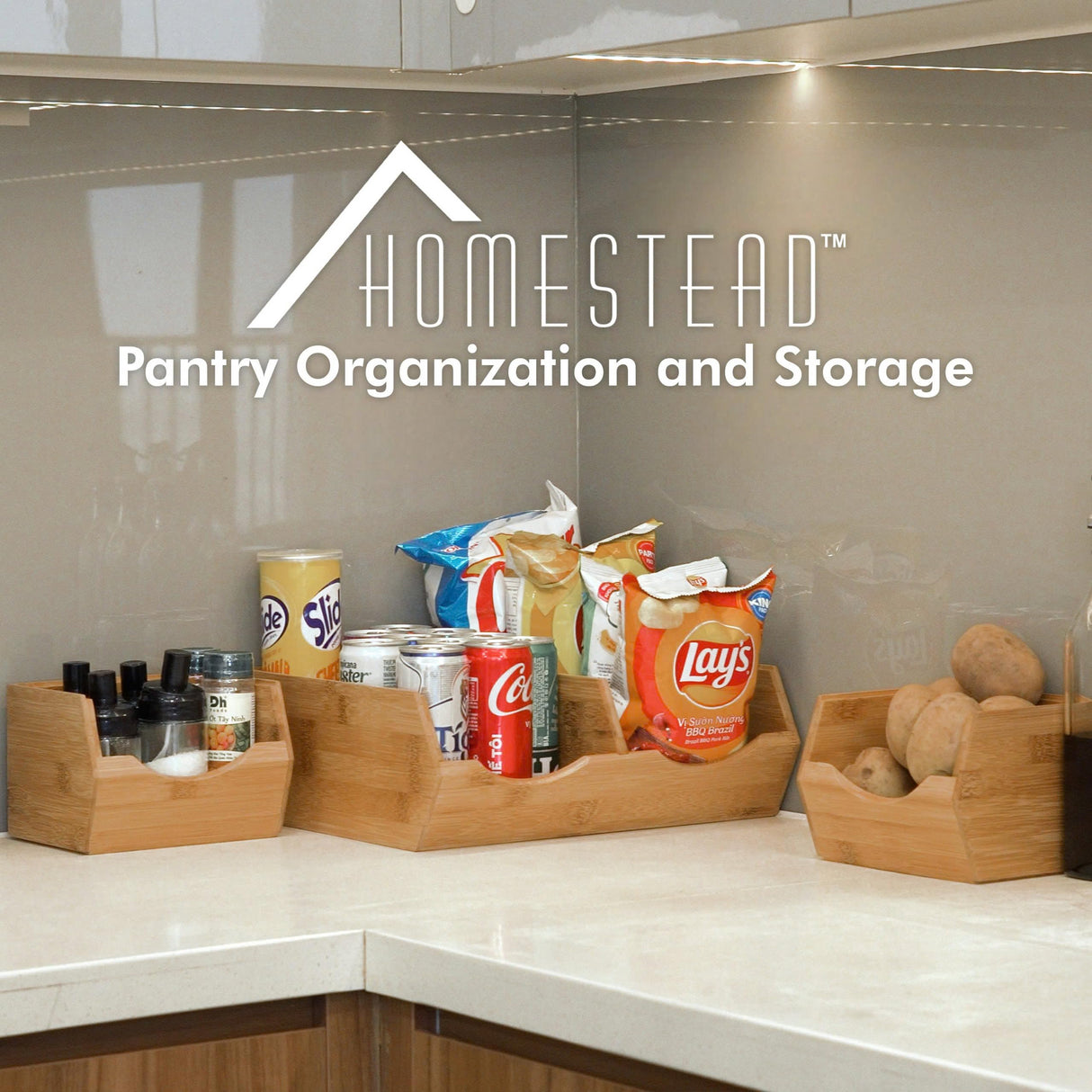 HOMESTEAD Bamboo Pantry Storage Bins - Stackable Baskets, Potato and Onion Storage for Pantry Organization, Set 3 Pieces HOMESTEAD