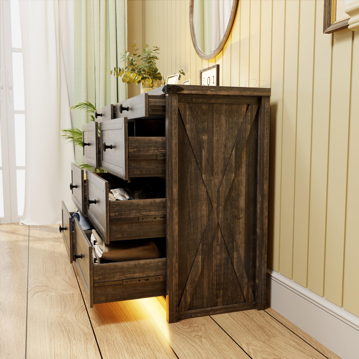 FREDEES Farmhouse Dresser for Bedroom with 8 Drawers, Wood Tall Chest of Drawers with LED Light/Charging Station/Human Sensor, Dressers Organizer for Closet, Living Room, Hallway, Rustic Brown FREDEES