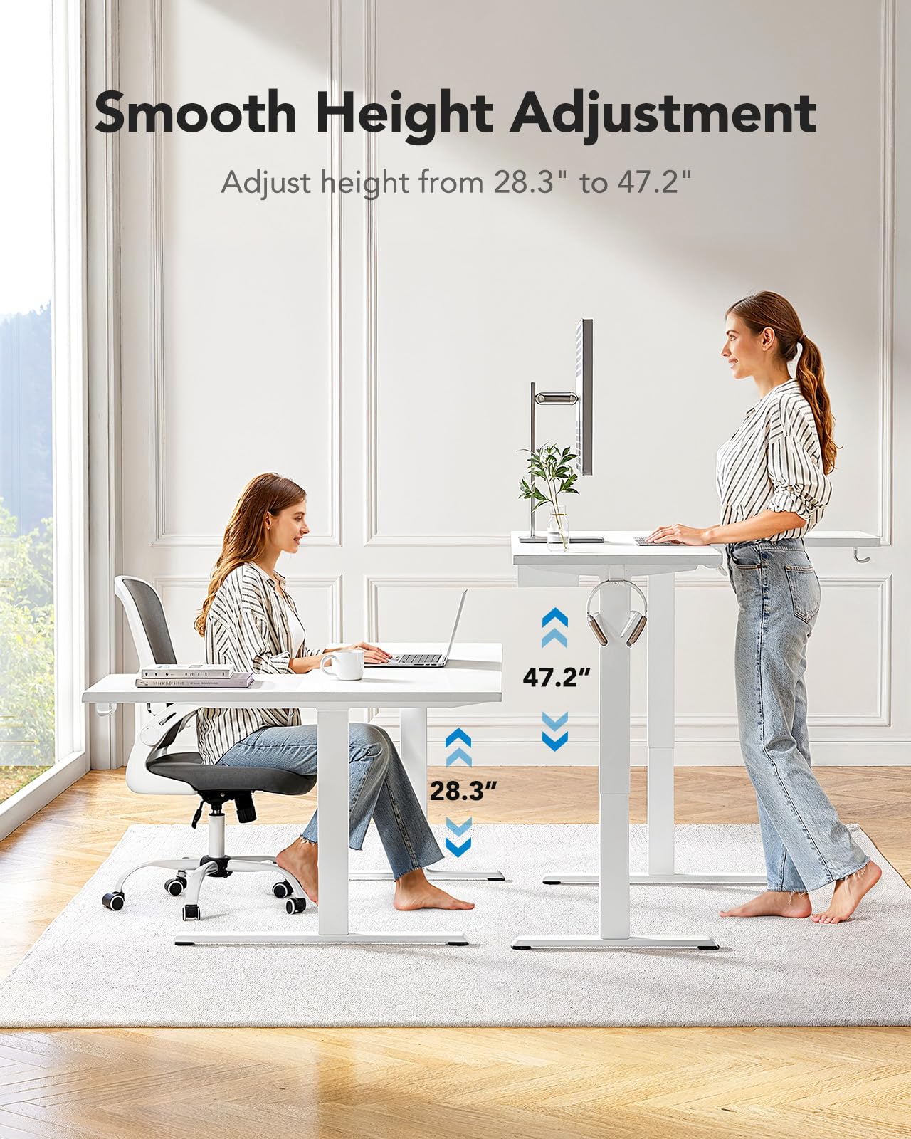 HUANUO L-Shaped Standing Desk, 71 x 48 inch Dual Motor Corner Standing Desk, Electric Height Adjustable Computer Desk with Cable Tray & 3 Preset Heights, Raising Desk for Home Office, White,  - WoodArtSupply