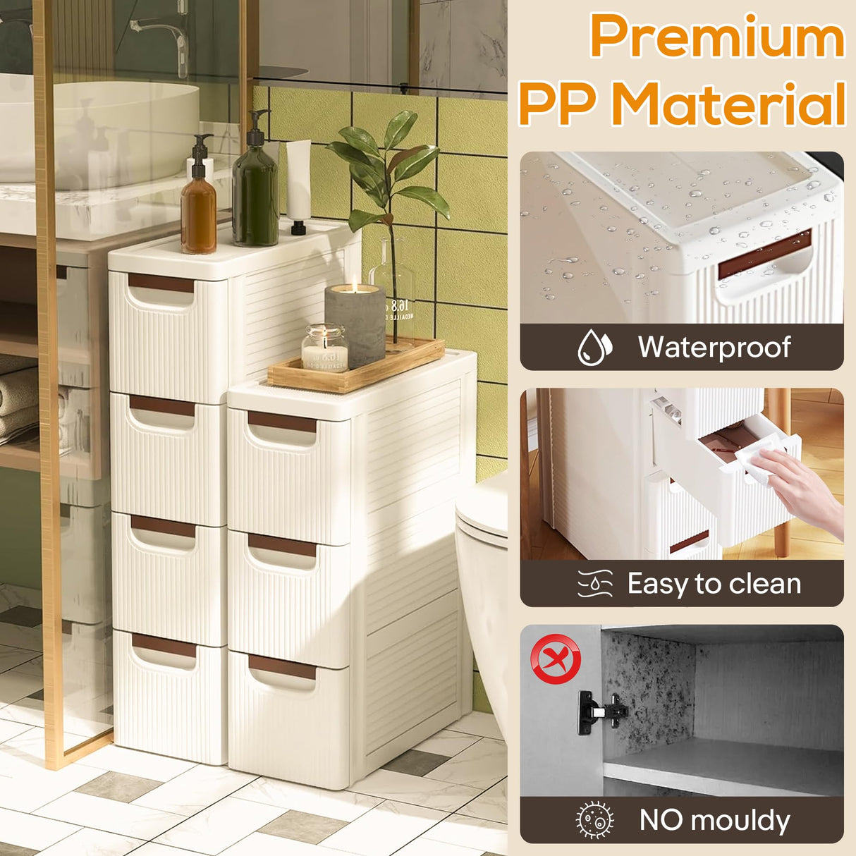 4 Drawers Slim Bathroom Storage Cabinet Dresser, Narrow Plastic Rolling Cart Organizer with Drawers, for Small Spaces, Kitchen, Laundry, Office, Bedroom, White YABORAS