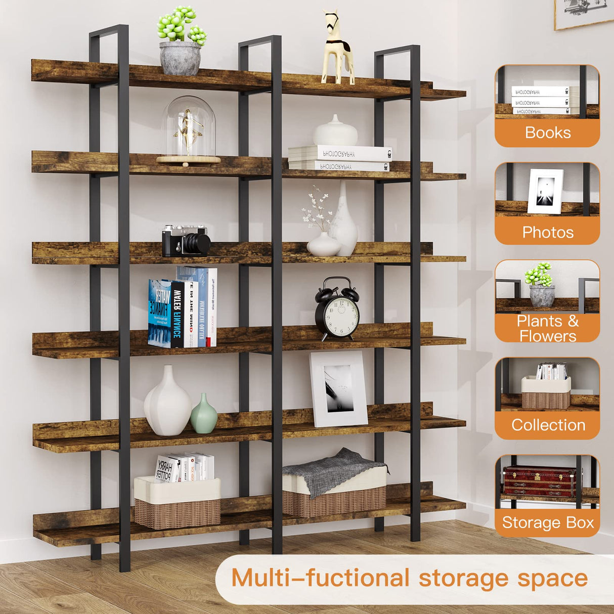 FRAPOW 83Inch Industrial Bookshelf and Bookcase, Double Wide 6 Tier Large Vintage Book Shelf with Metal Frame Open Bookshelves for Living Room Home Office FRAPOW
