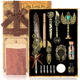 LongLongJin Quill Pen Ink Set with Seal Stamp - Feather Calligraphy Pen and Ink Set, Wax Seal Stamp Kit, Calligraphy Copybook,Beginner Calligraphy Quill Pen Lovers of All Ages Selection Gift (Grey) LongLongJin