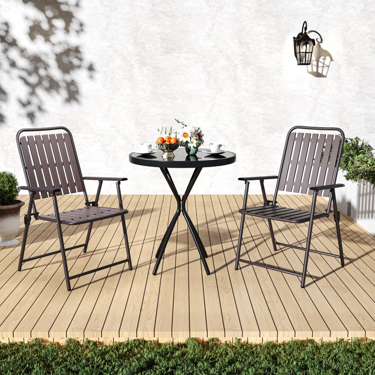 3 Pieces Patio Bistro Set Folding Small Table Chairs Set for 2 Outdoor Bistro Furniture Sets with Glass Coffee Table for Lawn Backyard Balcony Poolside CHINNLUU