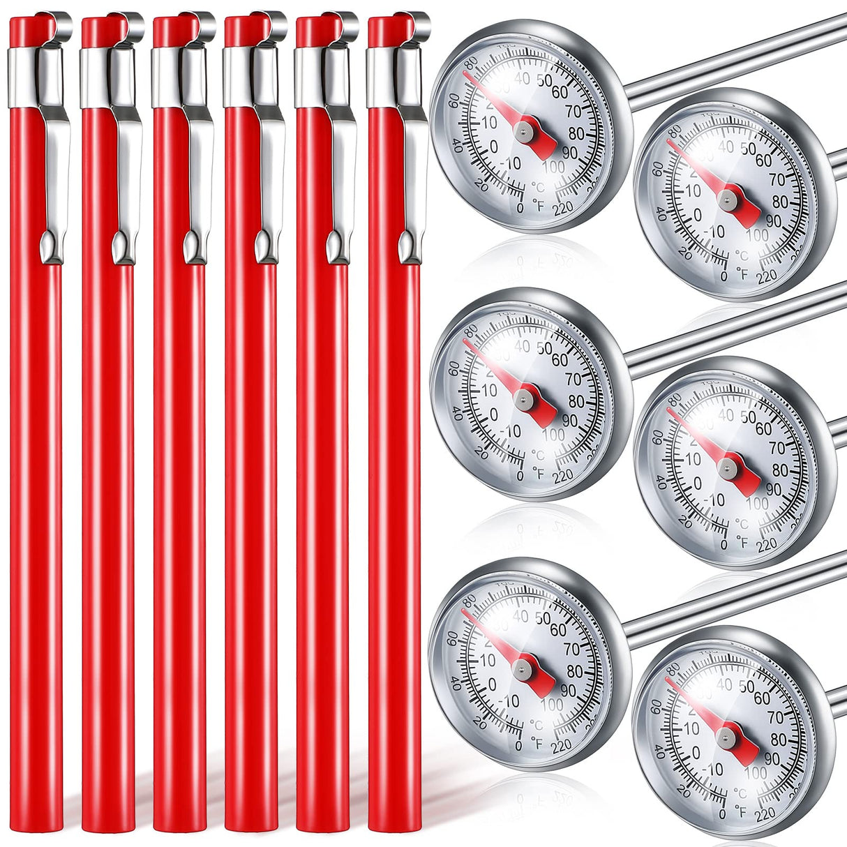 Xuhal 6 Pcs Stainless Steel Kitchen Thermometer with 5 Inch Long Stem 1 Inch Dial Thermometer Milk Frothing Food for Oven Probe Meat Grill BBQ Cooking Chocolate Water(Red) Xuhal