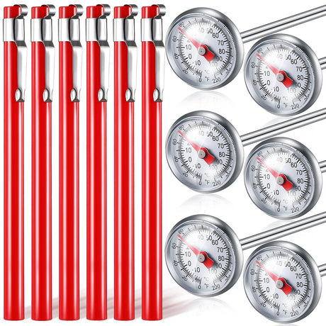 Xuhal 6 Pcs Stainless Steel Kitchen Thermometer with 5 Inch Long Stem 1 Inch Dial Thermometer Milk Frothing Food for Oven Probe Meat Grill BBQ Cooking Chocolate Water(Red) Xuhal