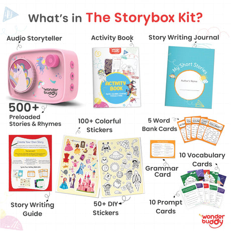 WonderBuddy Kids Story Box Audio Player, 500+ Preloaded Stories & Rhymes with Storybook DIY Art Kit, Voice Recorder, Content Upgrade, Bluetooth, Birthday Gift for Girls 3+ Years- Unicorn WonderBuddy