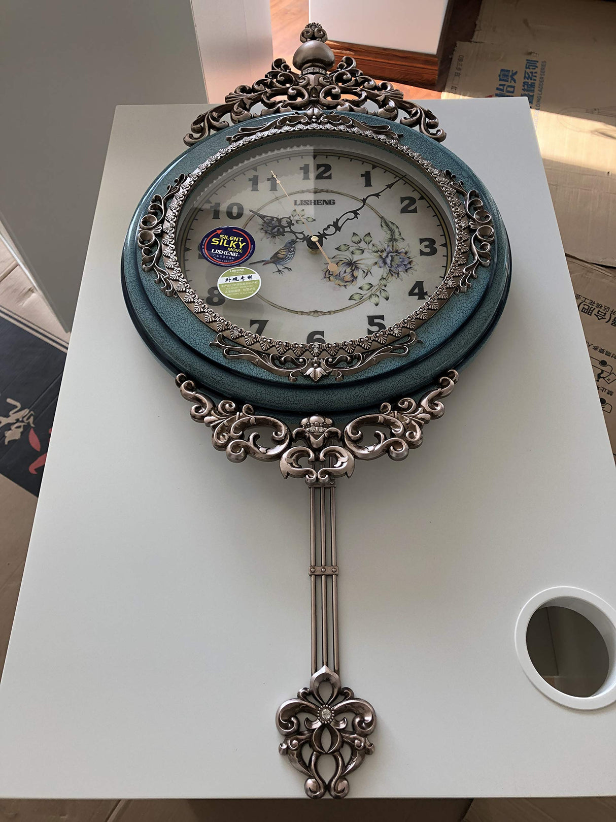 SHISEDECO Elegant, Traditional, Decorative, Hand Painted Modern Grandfather Wall Clock Fancy Ethnic Luxury Handmade Decoration, Swinging Pendulum for New Room or Office. Large. 29.5 Inch. (Blue) SHISEDECO