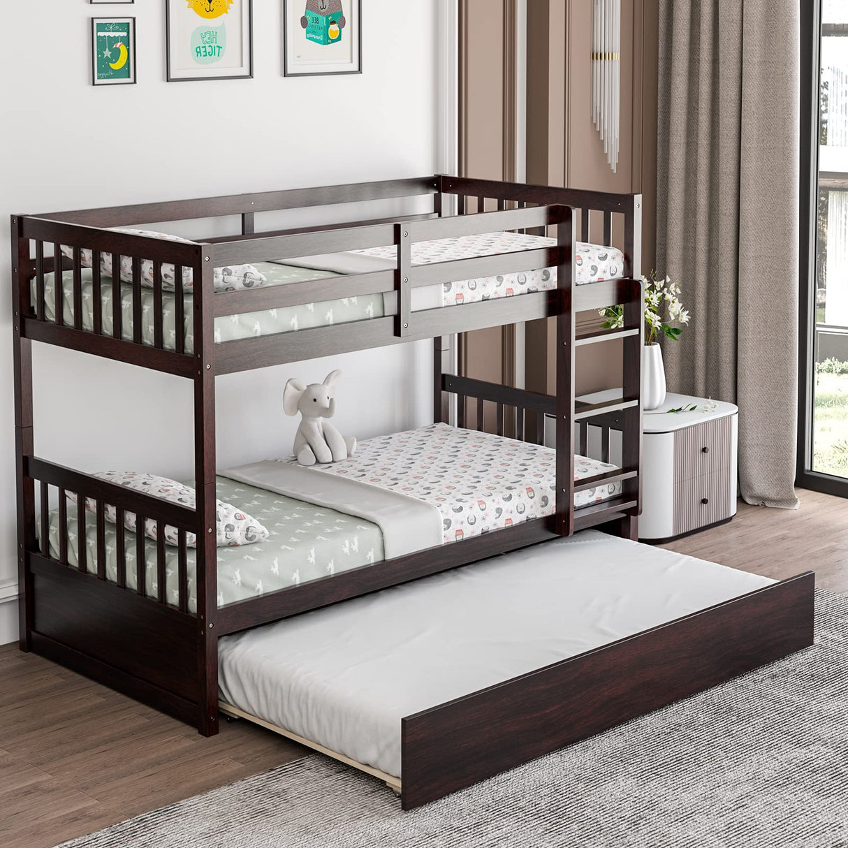 Giantex Twin Over Twin Bunk Bed with Trundle, Convertible Platform Bed Frame with Ladder & Solid Wood Frame, Space-Saving Bunk Bed for Teens & Adults, No Box Spring Needed, Espresso Giantex