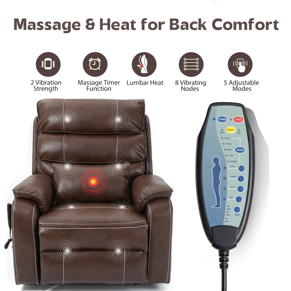 JIKFRIMA Power Lift Recliners Chairs for Elderly Adults Lay Flat Recliner with Heat & Massage, Wireless Charging Device, USB Ports, Cup Holder, Lumbar Pillow, 400Lbs（Faux Leather,Dark Brown） JIKFRIMA