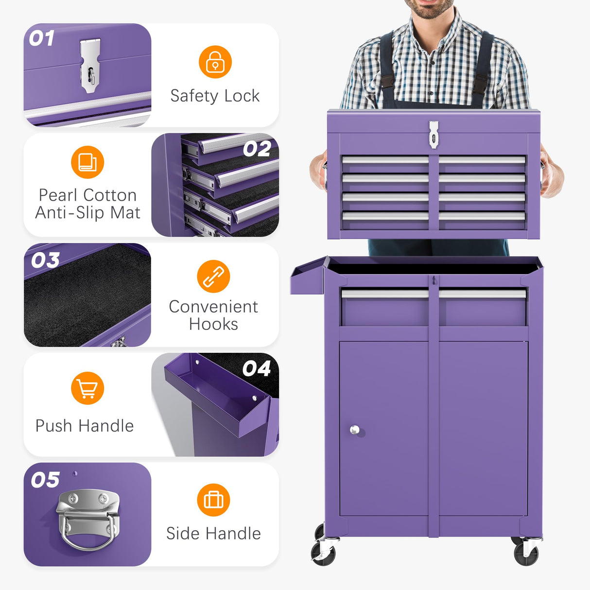 INTERGREAT Tool Chest, 5-Drawer Rolling Tool Storage Cabinet with Detachable Top Tool Box, Tool Cabinet with with Enhanced Packaging, Metal Tool Cart for Garage, Workshop, Barbershop(Purple) INTERGREAT