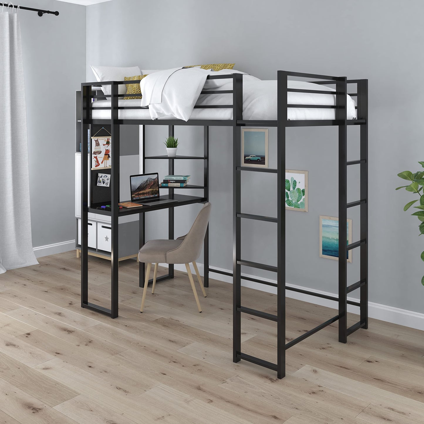 DHP Abode Space-Saving Twin Metal Loft Bed with Desk and Shelves - Black