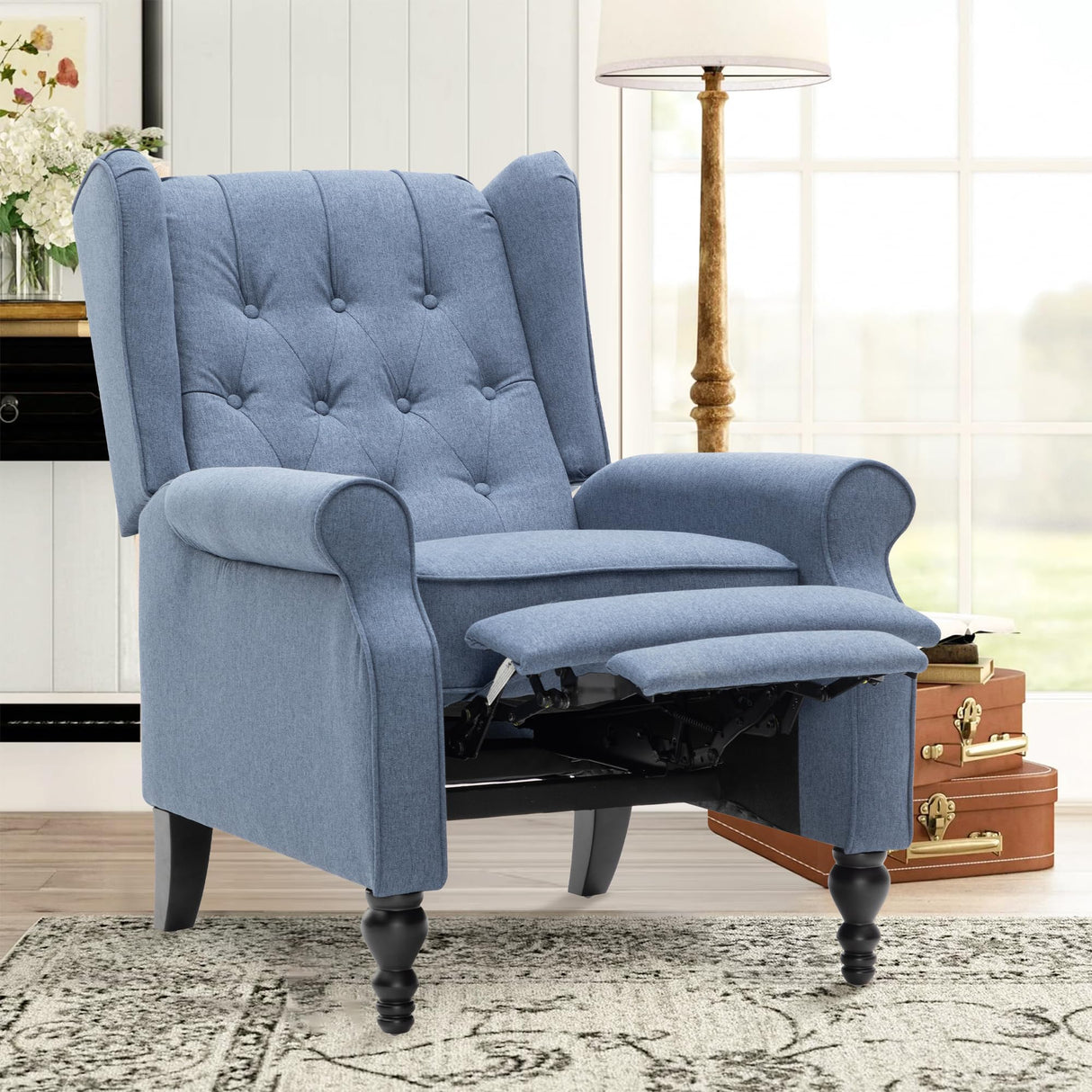 Mid Century Wingback Recliner Chair for Adults, Modern Linen Fabric Push Back Recliner Chairs with Button Tufted Upholstered Back & Footrest, Manual Recliner Chais for Living Room, Nursery, Blue BALIAA