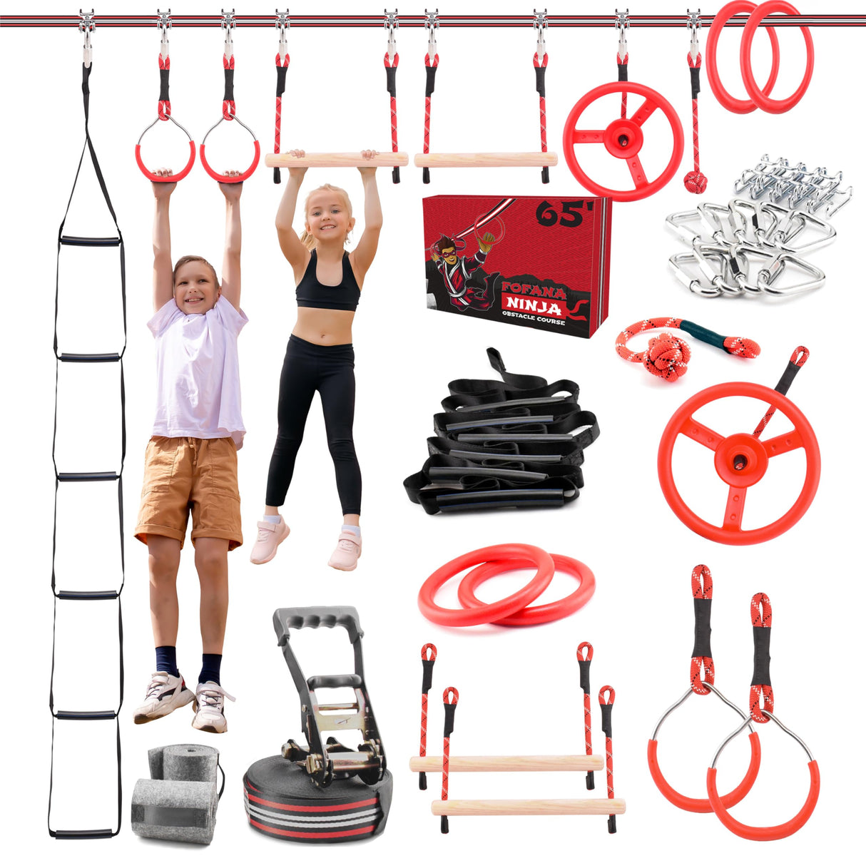 Fofana Ninja Warrior Obstacle Course for Kids – 32-Piece Backyard Playset, 9 Fun Training Obstacles, 65 Ft Slackline Kit Accessories - Outside Line Ninja Kids Toys, Outdoor Play Equipment, Jungle Gym Fofana