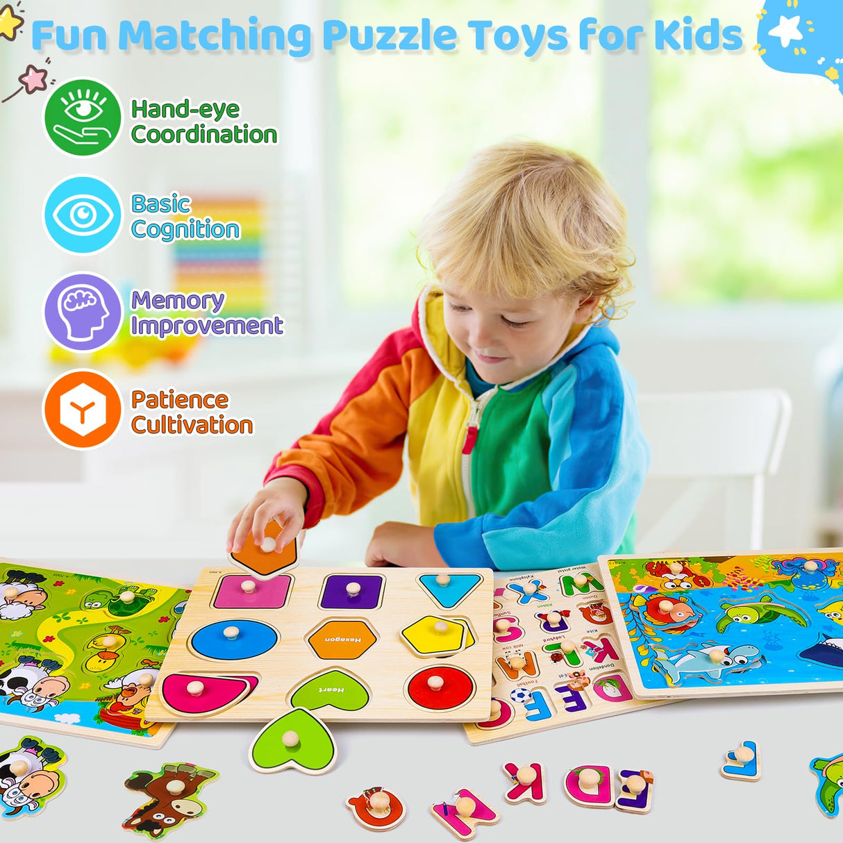 Wooden Peg Puzzles for Toddlers 2 3 4 Year Old, 4 Pack Montessori Toys Preschool Learning Puzzles for Toddlers 1-3 with Animals, Shapes, Alphabet, Wooden Toddler Toys Gifts for Kids Boys Girls Peacurh