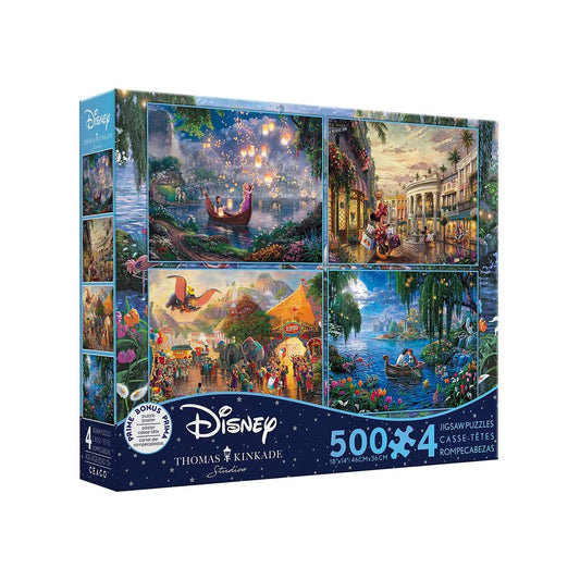 Ceaco - 4 in 1 Multipack - Thomas Kinkade - Disney Dreams Collection - Tangled, Mickey and Minnie Mouse, Dumbo, & The Little Mermaid - (4) 500 Piece Jigsaw Puzzles , Blue