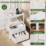 Somdot White Nightstand with Charging Station and LED Light for Bedroom, 2 Drawers Dresser with Fabric Bins for Bedside Kids Dorm Room Closet Laundry Entryway, White Leather Somdot