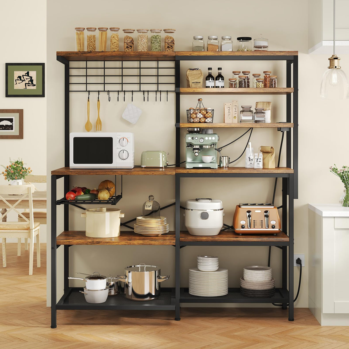 iabifo L-Shaped Bakers Rack with Power Outlet, 6-Tier Microwave Stand with Open Storage, Kitchen Shelf with Hooks, Coffee Bar with Wire Basket, Rustic Brown and Black iabifo