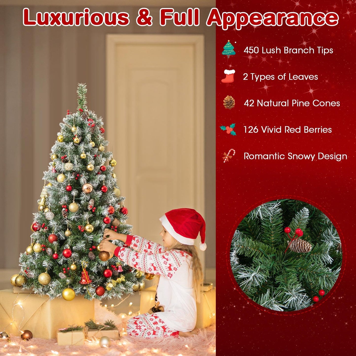 Goplus 5ft Pre-Lit Christmas Tree, Artificial Hinged Xmas Tree with 200 Warm-White LED Lights, 8 Lighting Modes, 450 Branch Tips, Red Berries & Pinecones, for Holiday Party Office Home Decor