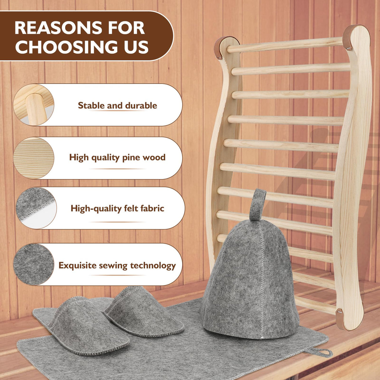 Sauna Backrest Sauna Accessories Wooden Slip-Resistant Non-Toxic Comfortable S-Shape Design Sauna Chair - Sauna Accessories with Felt Sauna Hat, Seat Pad and Slippers for Any Barrel or Infrared Sauna Ziimaikery