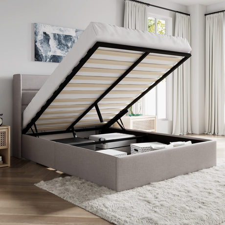 SHA CERLIN Queen Size Lift Up Storage Bed/Modern Wingback Headboard/Upholstered Platform Bed Frame/Hydraulic Storage/No Box Spring Needed/Wood Slats Support/Light Beige SHA CERLIN