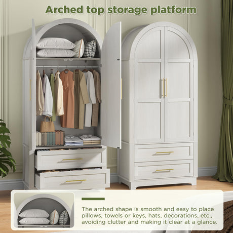Maupvit Wardrobe Closet, Modern Armoire Wardrobe Closet with 2 Drawers and Arched Doors, 73" Tall Wooden Bedroom Armoires with Shelves and Hanging Rod, White Maupvit