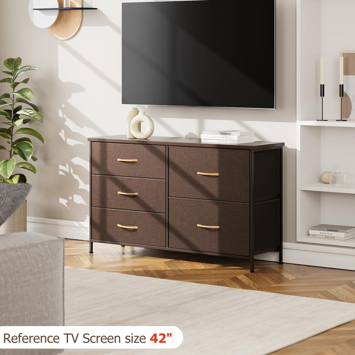 Nicehill Dresser for Bedroom with 5 Drawers, Storage Drawer Organizer, Wide Chest of Drawers for Closet, Clothes, Kids, Baby, TV Stand with Storage Drawers, Wood Board, Fabric Drawers（Brown） Nicehill