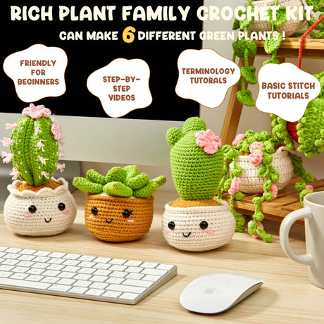 MAGIMUSE Crochet Kit for Beginners, Crochet Starter Kits, Amigurumi Craft Knitting Crocheting Kits with Step-by-Step Video Tutorials, 6 Pack Hanging Potted Plants Family(40%+ Yarn MAGIMUSE