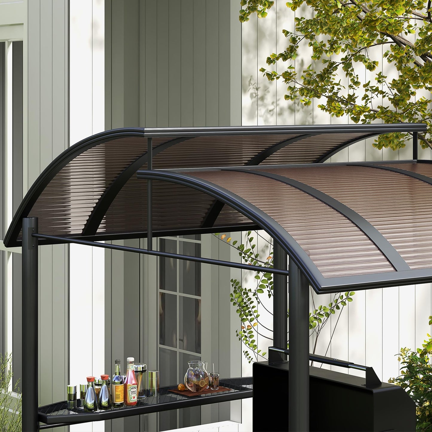 Outsunny 8' x 5' Grill Gazebo Shelter with Interlaced Vented Polycarbonate Roof, Outdoor BBQ Canopy with Side Shelves, Steel Frame for Garden, Patio, Backyard, Dark Gray - WoodArtSupply