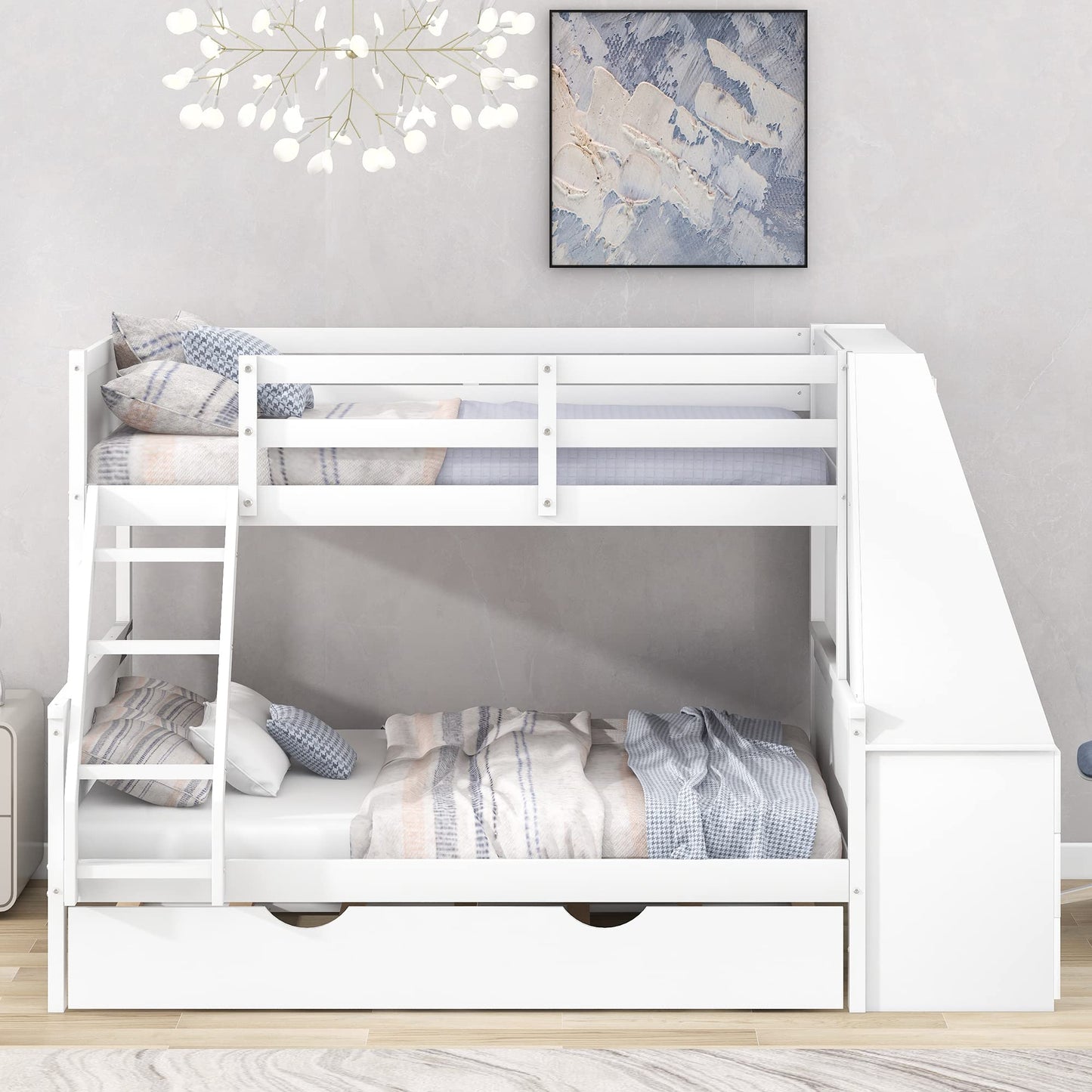 Harper & Bright Designs Twin Over Full Bunk Bed with Trundle and Desk, Solid Wood Bunk Bed Frame with Storage Drawers and Shelf, for Kids Teens Adults - White