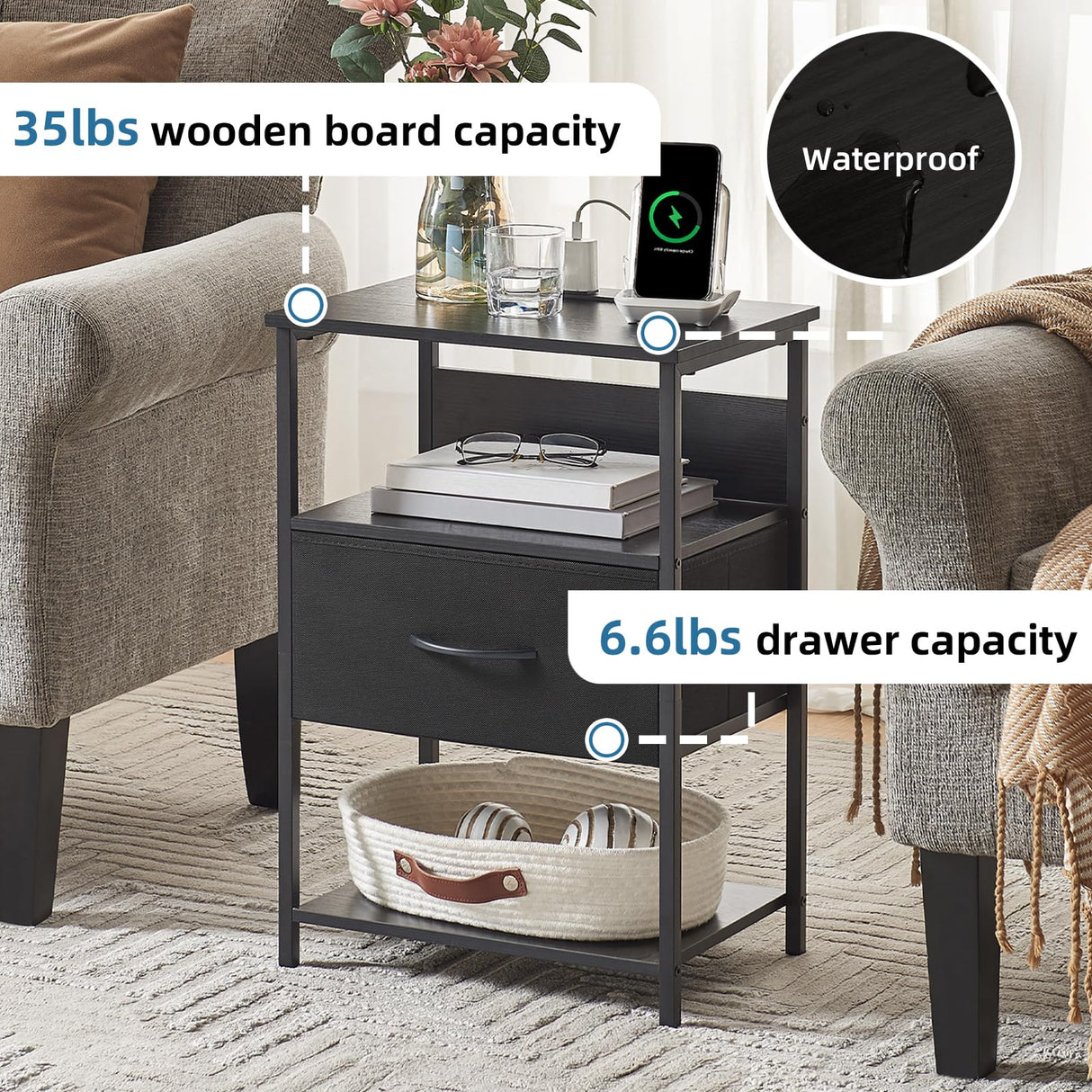 Somdot Black Nightstand with Charging Station and LED Light for Bedroom, Bedside Table End Table for Dorm Guest Room Bedside Kids Laundry Closet Entryway Hallway, Black Somdot