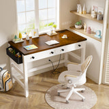 EnHomee Desk with Drawers & Power Outlets, Computer Desk for Home Office, Bedroom, Small Desk with a Side Pocket, 31.5" Writing Desk, Study Desk, Brown+White EnHomee