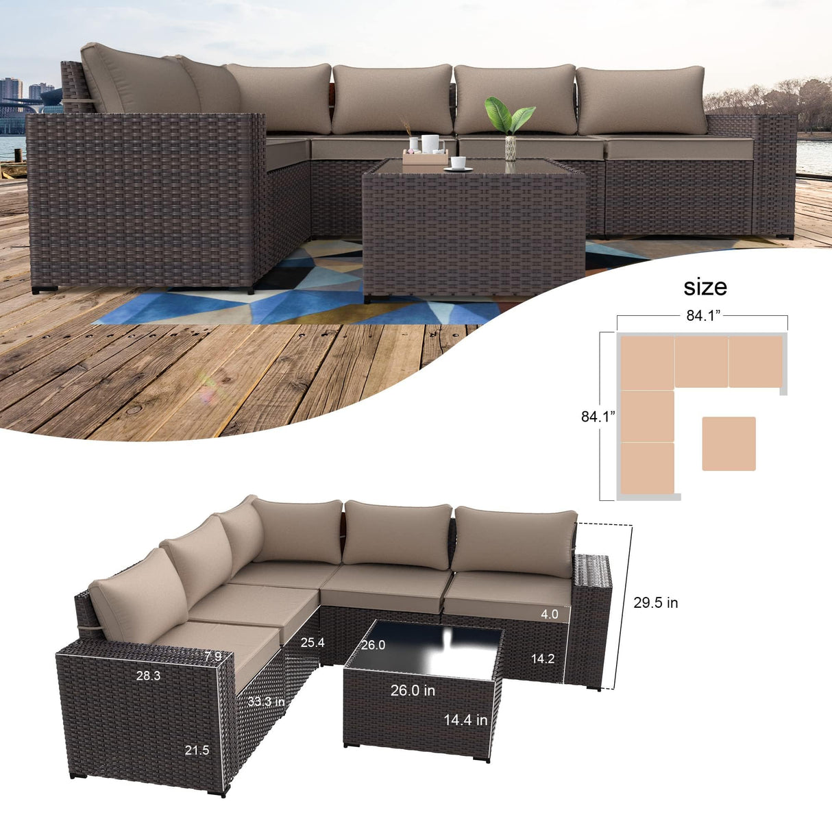 Kullavik 6PCS Outdoor Patio Furniture Set PE Wicker Rattan Sectional Sofa Patio Conversation Sets,Khaki Kullavik