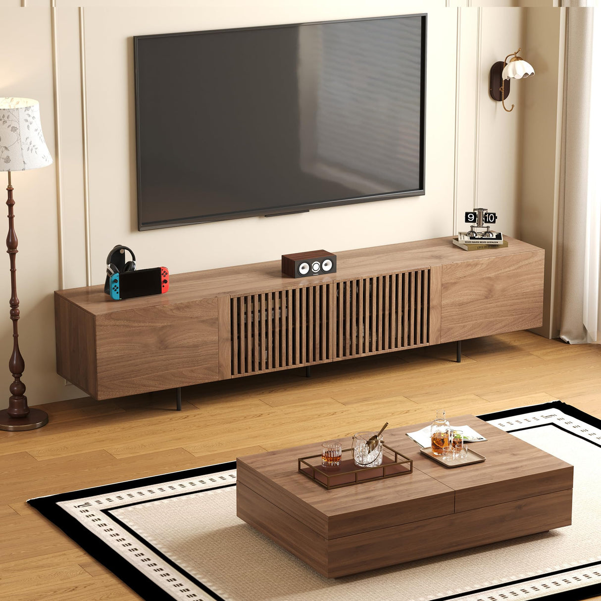 NessCarsti Mid-Century Modern TV Stand & Expandable Coffee Table Set, Walnut Finish, Stylish Storage Combo for Living Room or Bedroom (94.48“TV Stand+Coffee Table) NessCarsti