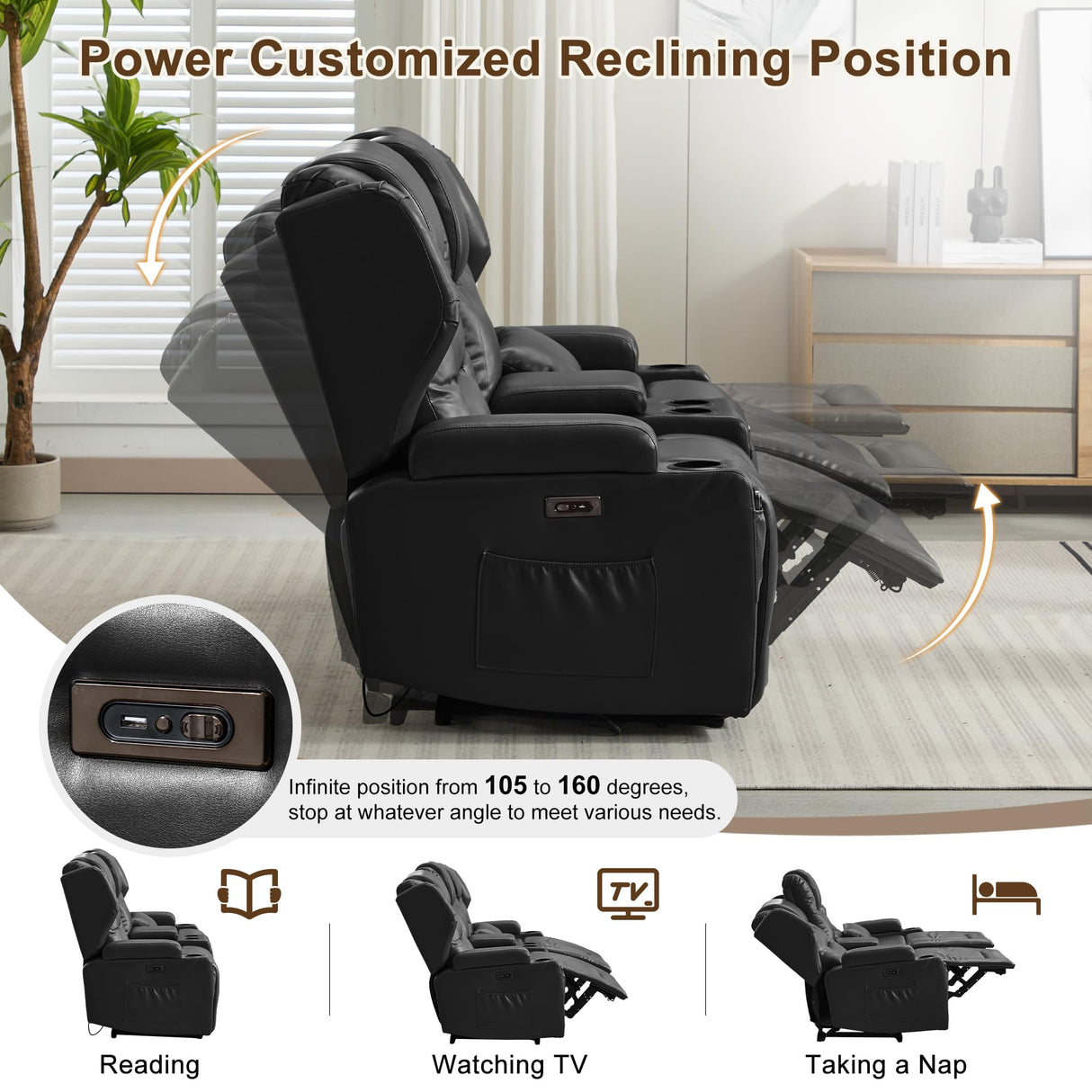 DRMBOOK RV Power Loveseat Recliner Sofa, Faux Leather 3-Seater Wall Hugger Reclining Sofa, Home Theater Seating Chair with Cup Holders, 3 Person Couch RV Furniture for Living Room, Black DRMBOOK