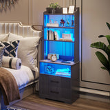 Vlsrka Smart Tall Nightstand with LED Lights and Charging Station - Modern Grey Bedside Table with Bookshelf and Storage Cabinet Vlsrka