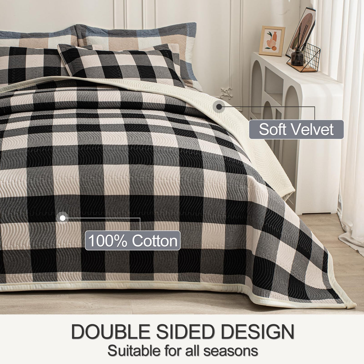 tohrisa Cotton Plaid Quilt Set, Ultra Soft 3 Pieces King Size Bedding with 2 Pillow Shams, Lightweight Reversible Coverlet Bedspread with Wave Quilting for Summer, 108"x96", Grid-Black White tohrisa
