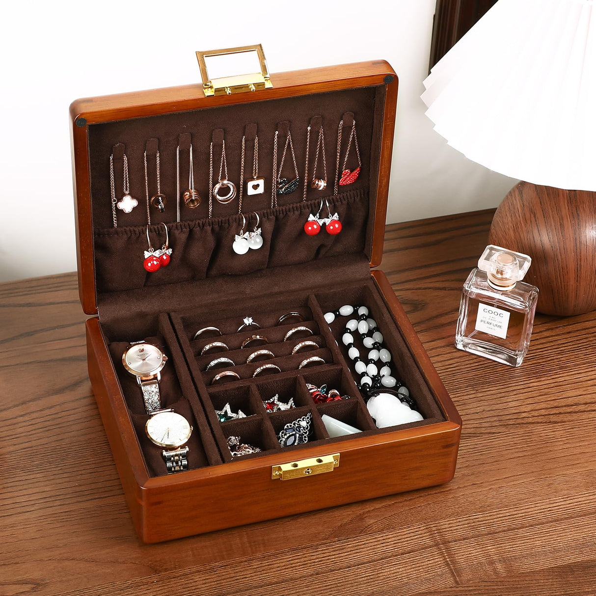 LIBOLXSP Solid Walnut Wood Jewelry Box with Lock,2 Layer Velvet Lined for Earrings Rings Necklaces Bracelets Watches,Both Style and Security, for Men Women,Vintage Brown LIBOLXSP