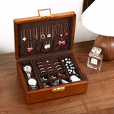 LIBOLXSP Solid Walnut Wood Jewelry Box with Lock,2 Layer Velvet Lined for Earrings Rings Necklaces Bracelets Watches,Both Style and Security, for Men Women,Vintage Brown LIBOLXSP