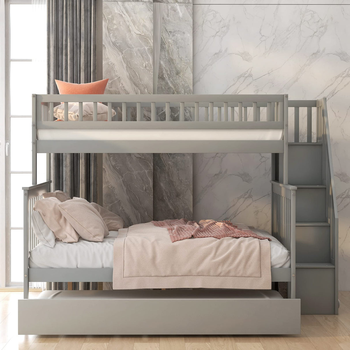 Harper & Bright Designs Bunk Beds Twin Over Full Size, Bunk Bed with Trundle,Storage Shelf and Stairway,Wood Bunk Beds with Full-Length Guard Rail for Kids and Teenagers,No Box Spring Needed, Grey Harper & Bright Designs