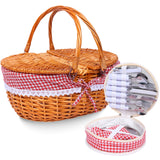 HYBDAMAI Wicker Picnic Basket Set for 4 with Lid and Handle Picnic Hamper with Washable Lining and Cutlery Set for Outdoor, Camping, Halloween, Christmas, and Birthday HYBDAMAI