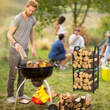 VyGrow Firewood Rack for Indoor, 2-Tier Firewood Holder with 3 Hanging Hooks, Heavy Duty Wood Rack for Outdoor Patio, Black, 11.8" D x 15.7" W x 31.9" H VyGrow