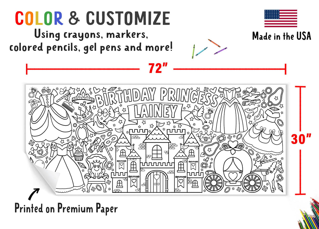 Tiny Expressions Personalized Princess Birthday Coloring Tablecloth - Rolled, No Creases 30" x 72" Giant Coloring Poster for Kids, Customizable with Child’s Name - Ideal for Princess-Themed Parties Tiny Expressions