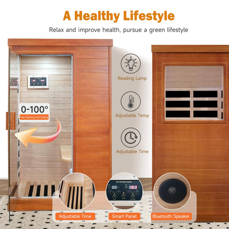 One/Single Person Sauna Far Infrared Oguman Wood Saunas Room with Red Light Therapy Home Wood Spa Dry Saunas Single Person Spa Beauty of Natural Wood 27.6"x35.2"x61.6" Light Brown cabirty